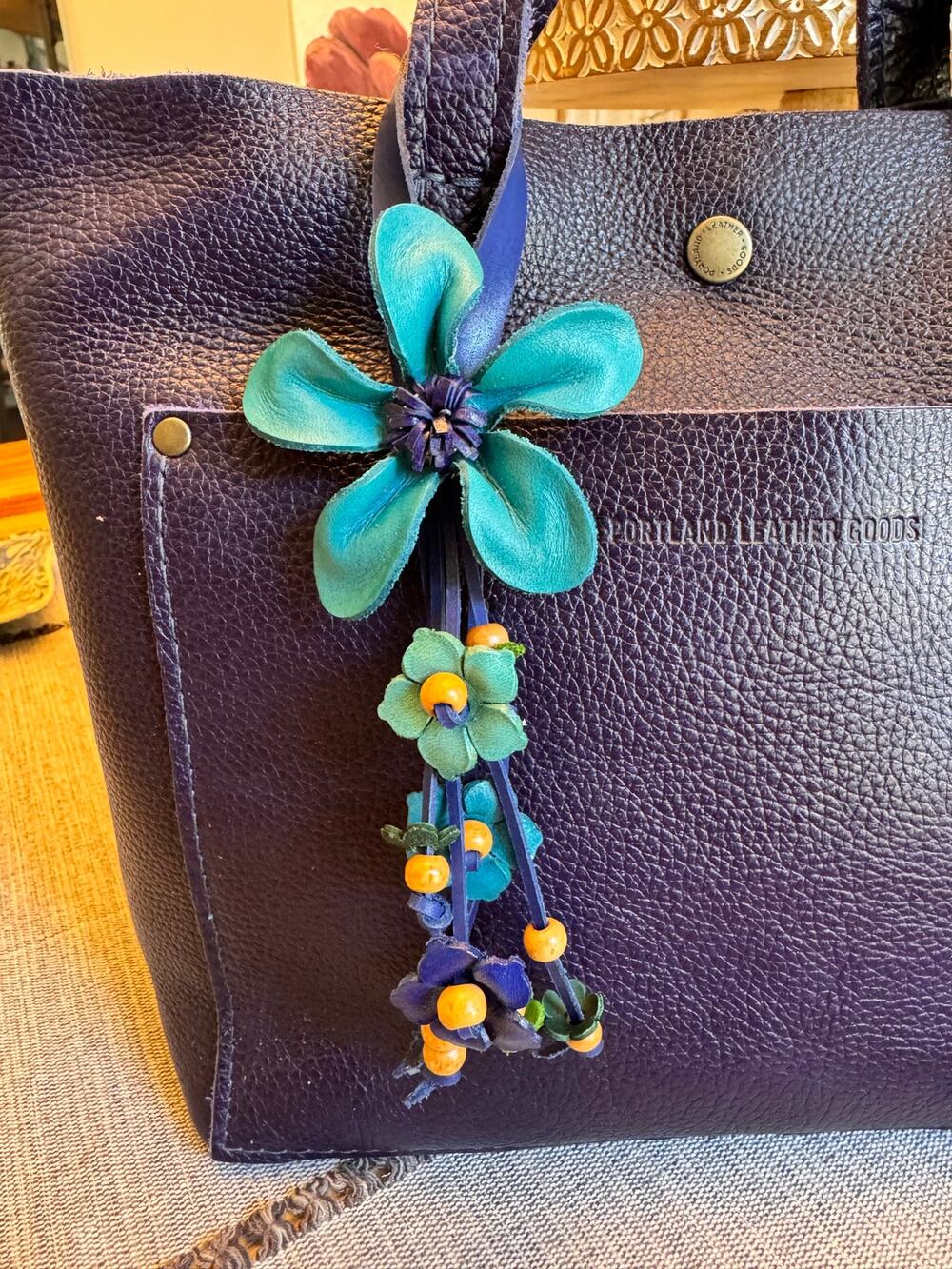 Light Blue Daisy Flower Leather Bag Charm Genuine Leather Purse Charm Flowers